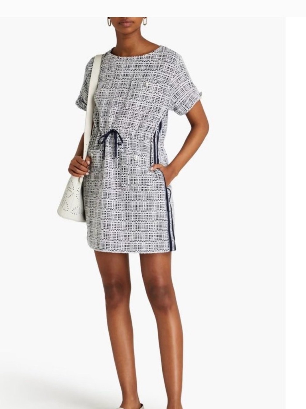 Maje Navy and White Textured Tweed Dress